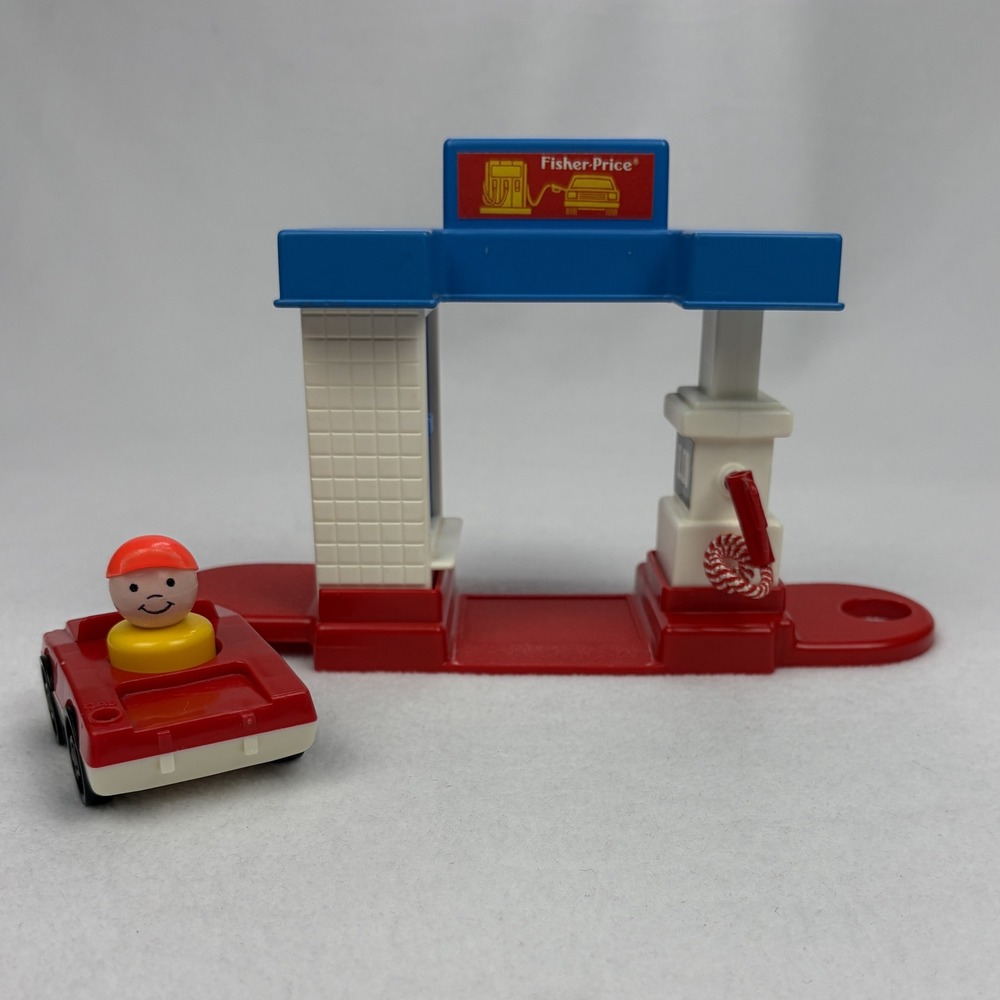 Vintage Fisher Price Little People Gas Station Playset Red Car & Figure 1980s
